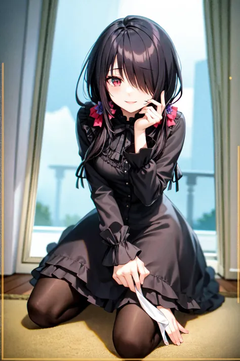 1girl, solo, kneeling, seiza, cckurumi, long hair, low twintails, hair flower, hair over one eye, hair bow, gothic, black dress, ribbon, pantyhose, slippers, sitting, smile, looking at viewer, leaning forward, indoors, living room, television, window, plan...