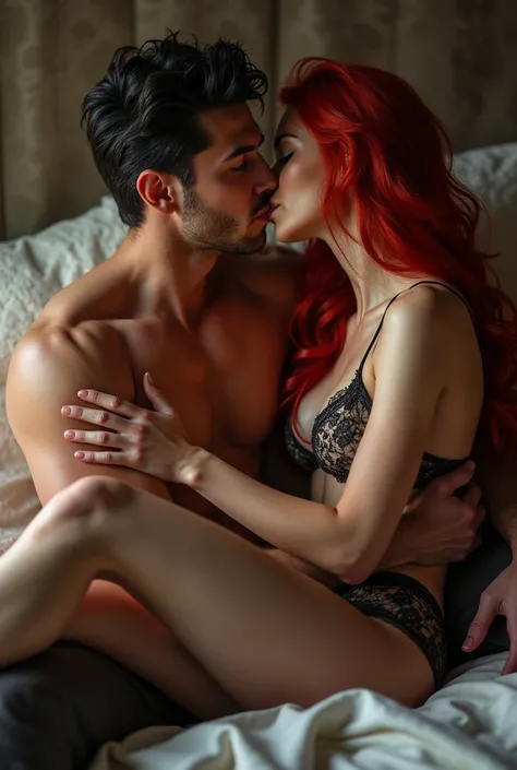  A red-haired woman, long hair,  Blue Eyes, nota em cima do homem.  A very strong and very muscular man ,  Blue Eyes,  dark hair modern cut hairstyle back, not.  The man is sitting on the bed ,  the woman sitting on his lap ,  they kiss passionately, a sen...