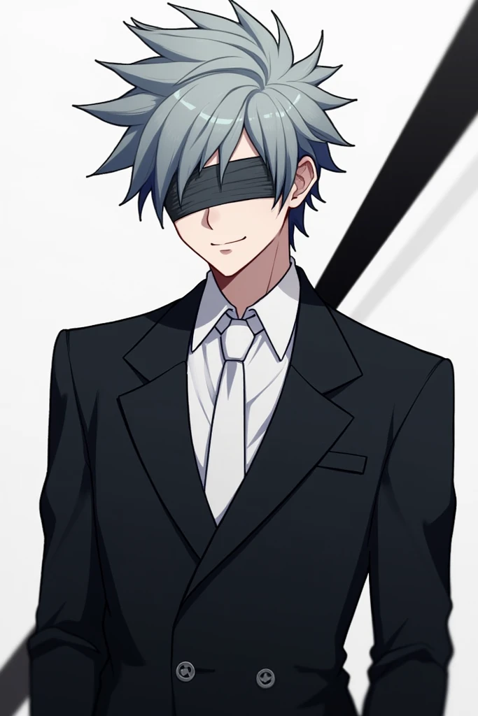 A male character with anime hair with a gray bandage around his eyes and a happy mouth ,  dressed in an all-black suit with a white tie and a black band from the left shoulder to the tip of the waist on the right side 