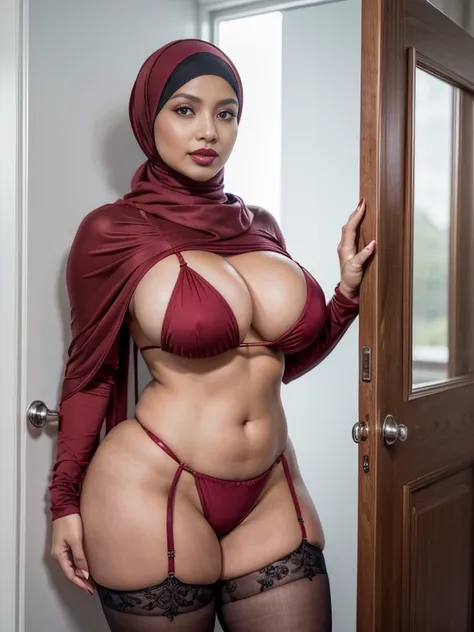 (double exposure), (full body photo), A gorgeous glamour (hijabi) (muslim) mature mom stand behind door, slight curvy body shape, wearing provoking ((micro bikini stockings,hijab)), smirk, indoor,wall,, pov, solo, single, texture, ultra high res, RAW, inst...