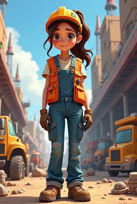 Generate a brunette girl in Forman clothing and orange vest, LET IT BE ANIMATION