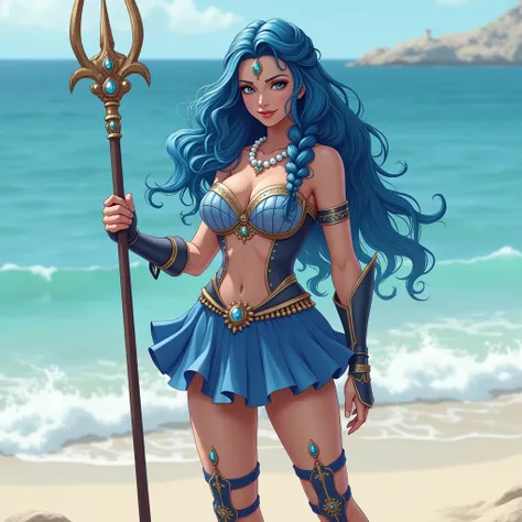 1 girl aged 20, 1, 50 tall ,  very long and curly blue hair , Greek braids ,  Big breasts ,  wearing a dress with a bust of blue shells and a round blue skirt,  with gladiator sandals with blue thigh straps , armed with a trident ,  wearing pieces of armor...