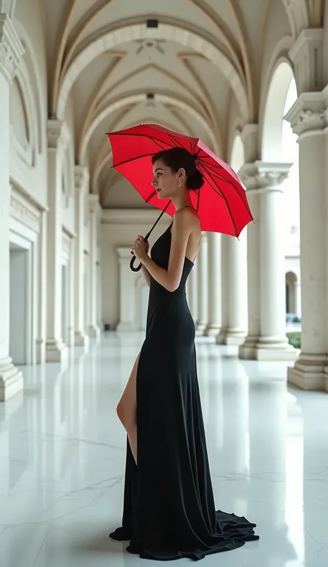 side view of a real beautiful woman in a WIDE long black dress down to her feet, live model, with a beautiful face and a perfect body, in a very wide, very high and very long white corridor with columns and a very high arched vault, while holding an open r...