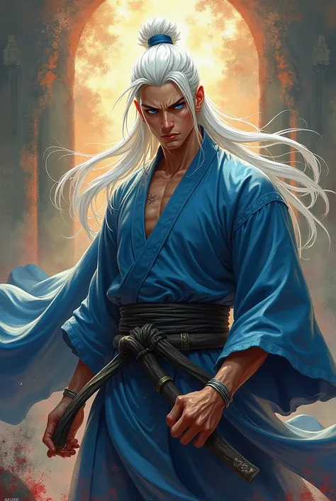 Detailed, majestic, mostly fave, martial arts, colourful, white hair, blue eyes, blood, calm, grump, make, tall, slim, serious face, powerful, student, uniform, martial arts, divine, anime, novel like piece, novel cover, webnnovel