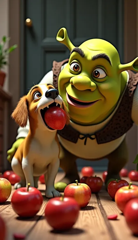 A dog with an apple in its mouth and full of apples on the floor, about 100 and Shrek trying to get it out