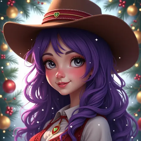 create a realistic profile picture of a Cow Girl , purple hair ,gray eyes, with Christmas Background 