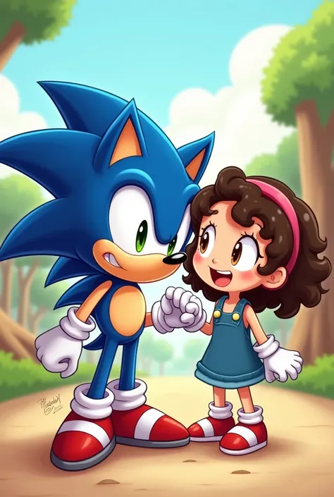  Sonic and a girl with brown eyes ,  brown hair , Thin and curly ship easy cartoon 