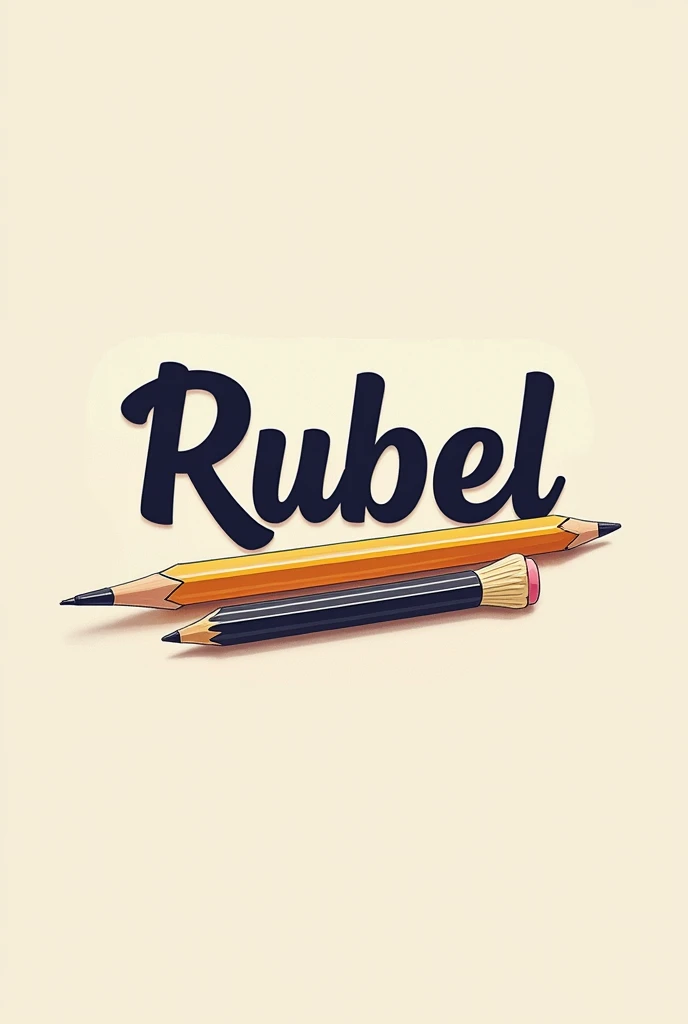 "A beautiful English name...RUBEL.. design with bold and thick letters. The name should be stylish, with artistic, elegant fonts. Beside the name, include a pencil and a guitar in a harmonious composition. The design should look modern and clean, with a ba...