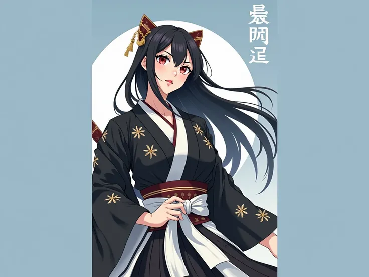  Long black hair, anime, kimono black, big large boobs,  WIDE HIP, huge cleavage. kimono black, Japanese warrior 