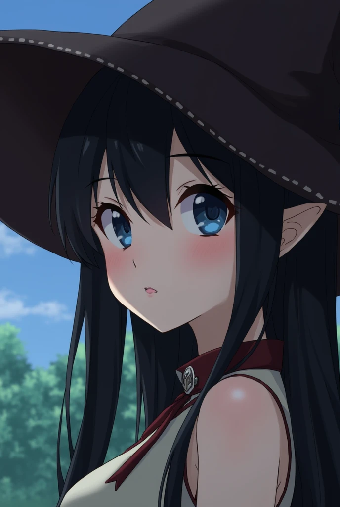 1 , Alone, Blush, Rice,  Blue Eyes,  black hair,  Fringe between the eyes,  very long hair,  with your mouth shut,  pointed ears,  side view,  witch hat ,  high resolution,  masterpiece ,  high resolution, Necessary,  Anatomically Correct,  Awarded multipl...