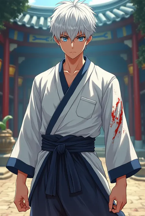 Detailed, majestic, mostly fave, martial arts, colourful, short white hair, blue eyes, blood, calm, grump, make, tall, slim, serious face, powerful, student, academy uniform, martial arts, boy, anime, 