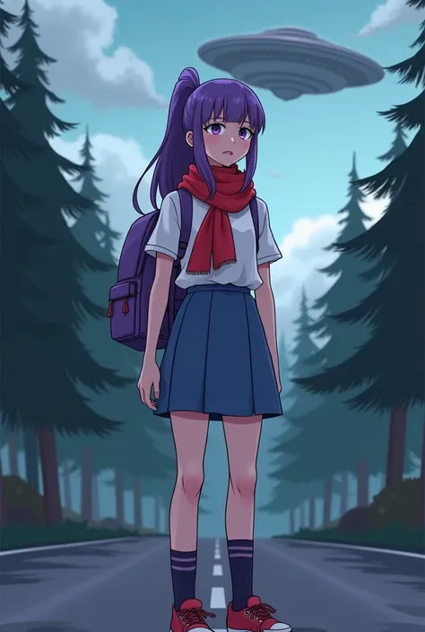 create a full-body comic , with a combination of 3D formats and the traditional animation of a tall teenage white girl , long loose hair of a deep and smooth purple color combed to the side and behind the head a purple ribbon,  purple eyes,  white collar s...