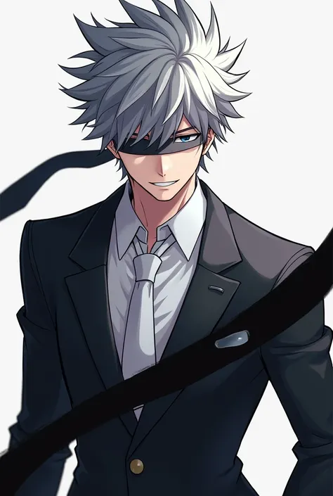 A male character with anime hair with a gray bandage around his eyes and a happy mouth ,  dressed in an all-black suit with a white tie and a black band from the left shoulder to the tip of the waist on the right side 