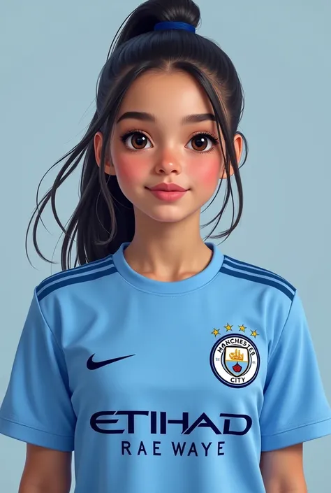 Make an image of the singer Olivia Rodrigo wearing the Manchester City shirt