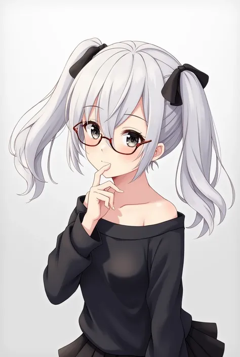  An anime-style character , White hair tied on both sides,  two short Maria s , with small black ribbon on the head , black eyes,  along with visible eyelashes , a straight eyeglass  ,  an outfit that falls on a black shoulder along with a small black skir...