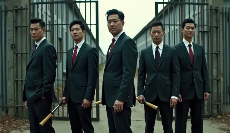 A group of Chinese gangster men in suits holding machetes standing in front of the prison yard gate