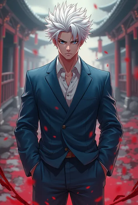 Detailed, majestic, mostly fave, martial arts, colourful, short white hair, blue eyes, blood, calm, grump, make, tall, slim, serious face, powerful, student, academy uniform, hands in pockets, male, anime, 