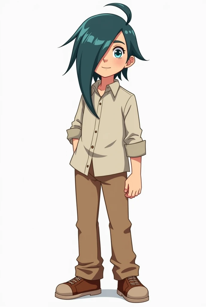 Create a boy with straight and long hair up to the nape of his neck and with a tuft that covers his left eye color seawater his sky blue eyes he wears a shirt with beige buttons, light brown pants with brown shoes with an expression in png format and full ...