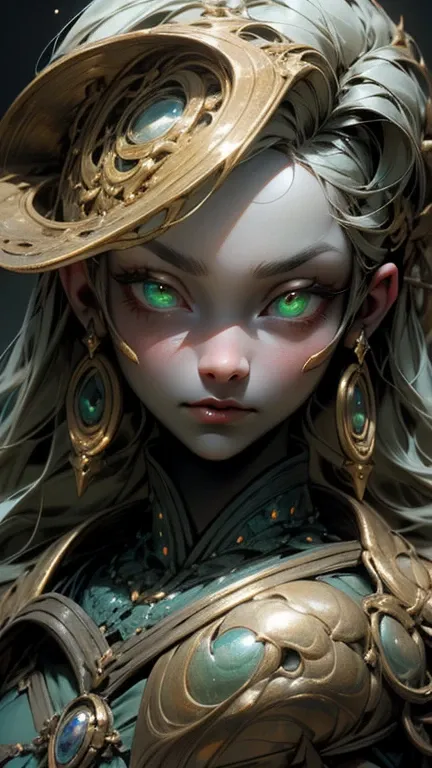 A highly detailed and vibrant fantasy close-up portrait of a mystical woman with pale bluish-gray skin, glowing green eyes, and golden glowing patterns around her face. Her expression is calm but intense, exuding power and mystery. She is surrounded by int...