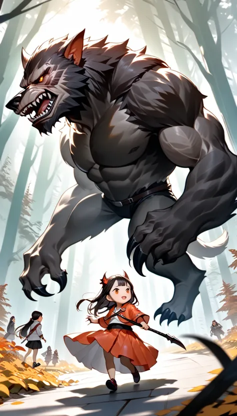 A girl riding a werewolf turned beastman , Hzk,   Ultra Miniature Girl  , 