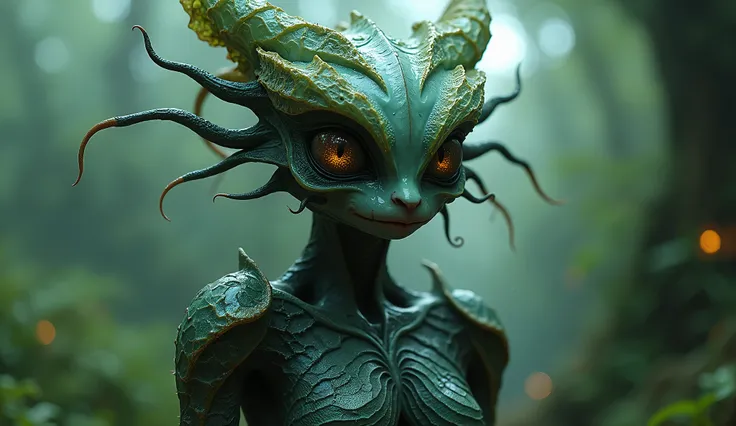 Deep black copper plant goddess demon of nature made of plants of Silent Hill,chinesse pixie,A charming and fascinating creature with otherworldly forms that blend the best aspects of the monster human form and the innocent charm of a precocious , once pre...