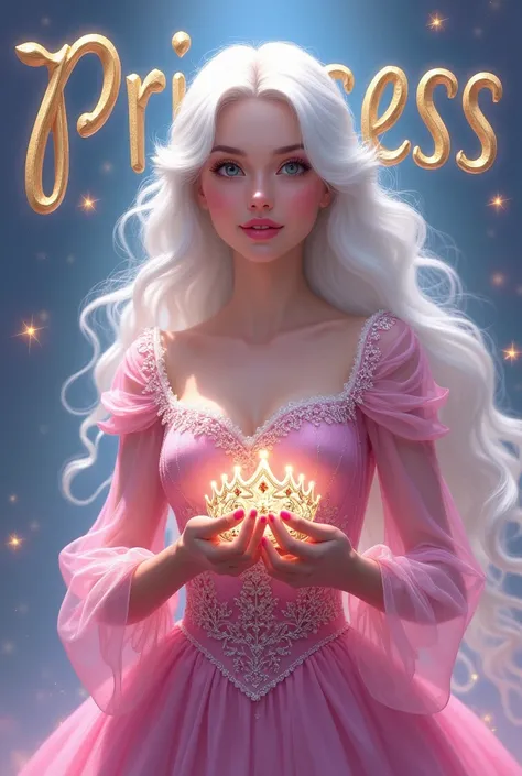 A princess,  white hair,  on the background written PRINCESS, pink blouse with glitter , holding a crown