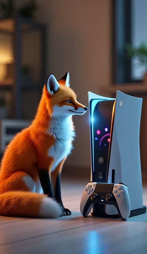 "Create a digital art composition titled Fox + Game Console in the scene. The image should feature:

Fox: On the left side, a realistic fox with bright orange fur and a white underbelly. Its fur is sleek and shiny, and its tail is fluffy and prominent, cur...