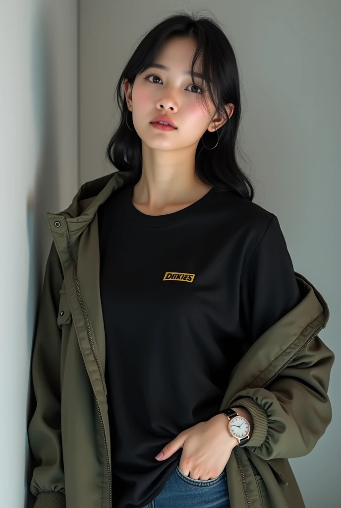 Daniel Wellington wears a watch and a black Dickies t-shirt, headshot of a Japanese woman standing facing the front, wearing an outerwear hoodie