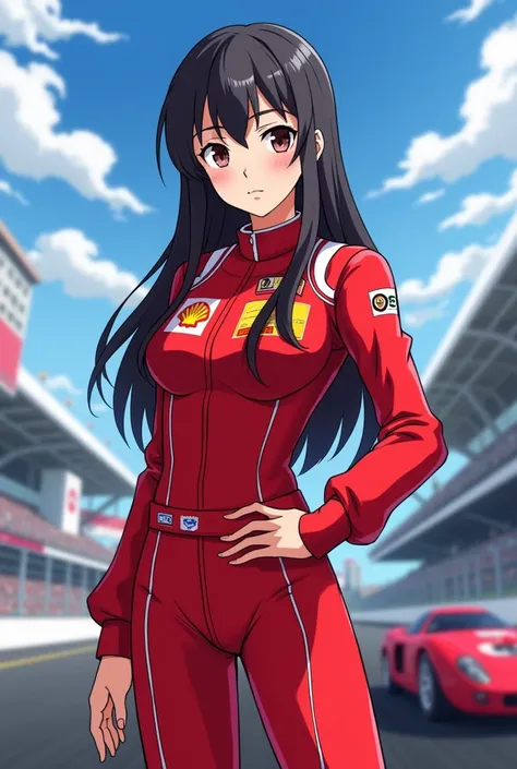 Nezuko kamado, red racing suit, anime style, low cut