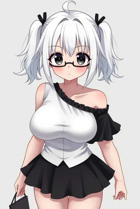  An anime-style character , White hair tied on both sides, big breast , two short Maria s , with small black ribbon on the head , black eyes,  along with visible eyelashes , a straight eyeglass  ,  an outfit that falls on a black shoulder along with a smal...