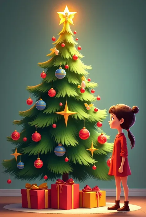  The tree is green with lots of ornaments .  There are five red ornaments , four blue ornaments ,  six yellow stars ,  three heavenly angels and above the tree there is a shining golden angel .  Below the Christmas tree there are two big red presents and t...