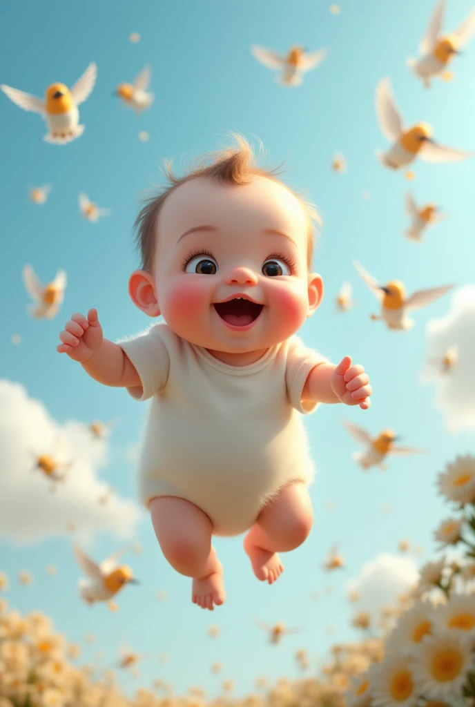 Realistic cuddly baby coming down from the sky strong wind on his face he is very happy many colorful birds around him 