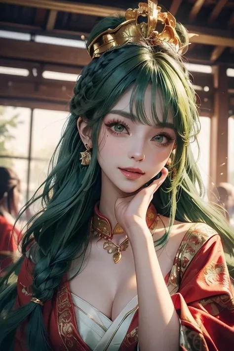 (    top quality :1.2),         1 cock    ((  green hair:1.2))、   realistic        :1.37, fantasy, Illustration,       green eyes、        queen        ,         Red Dress       .Platinum decoration、beautiful、((beautiful目)).        eyeshadow red        、   ...