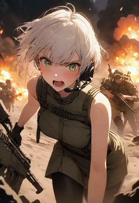 masterpiece , a girl, in battlefield, ( lite white short hair:1.2), (green eyes:1.2), (polish Millitary Uniform:1.2), (8k, best quality 1.2), ultra-detailed, 8k uhd, soft lighting, high quality, film grain, beautiful lighting, cinematic ,perfect body , bes...