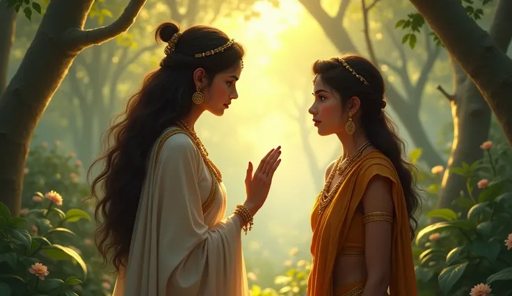 Image Prompt (English): Sita, depicted as a figure of wisdom, speaks to ladies Surpanakha . Her expression is warm and understanding, her hand gently gesturing toward Surpanakha. The forest around them is illuminated softly, symbolizing enlightenment and i...