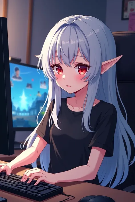 An anime elf with long white shaggy hair and red eyes in a black t-shirt plays on her computer in leage of legends