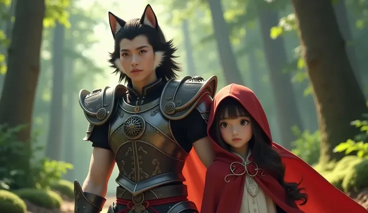 a heroic anime wolf man, a cute red riding hood girl, fantasy medieval forest, beautiful detailed eyes, beautiful detailed lips, extremely detailed eyes and face, long eyelashes, intricate ornate armor, flowing red cape, cinematic lighting, dramatic atmosp...