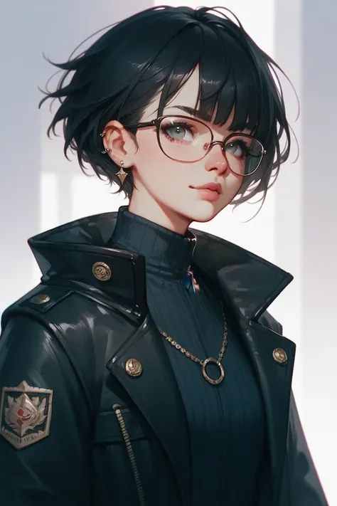 Girl with short hair and a square fringe, wearing a black trench coat and black hair and glasses.