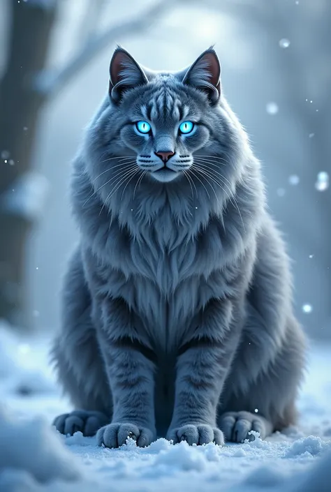  Grey feline , big,  bright light blue eyes, with ice powers, And very furry 