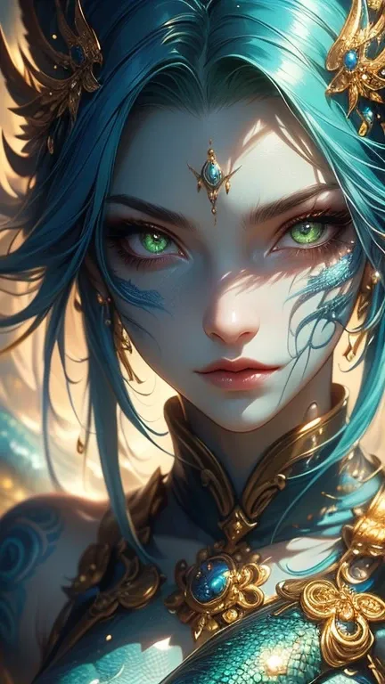 A highly detailed and vibrant fantasy close-up portrait of a mystical woman with pale bluish-gray skin, glowing green eyes, and golden glowing patterns around her face. Her expression is calm but intense, exuding power and mystery. She is surrounded by int...