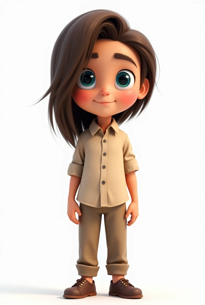 Create a boy with straight, long hair down to the nape of his neck and with a lock of hair covering his aquamarine left eye. His sky-blue eyes are wearing a beige button-down shirt, light brown pants, and brown shoes with an expression in png format and fu...