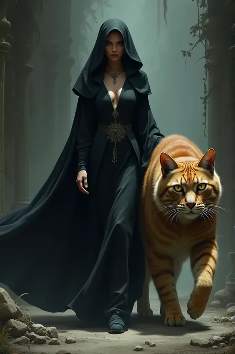 a woman in black walks with a very large cat