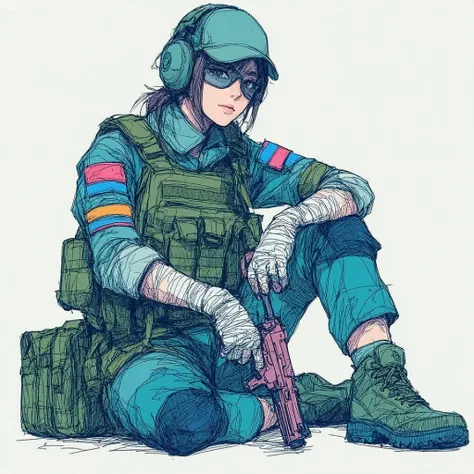 simple sketch, colorful sketch drawing, simple lines,  Girl police officer , with tactical military costume, sitting