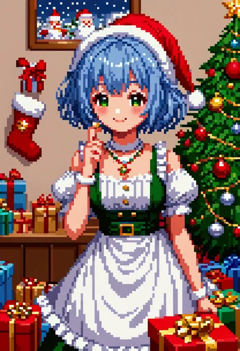  A cozy living room painting ， is full of colorful Christmas gifts ，Christmas tree， Very detailed interior design ，  Lively Colors  ， Pixel Art , Blocks,  Pixel Art 风格, 8-bit graphics, Anime Girl， Santa hat，Messy blue short hair  ，  blush，  Charming smile，...