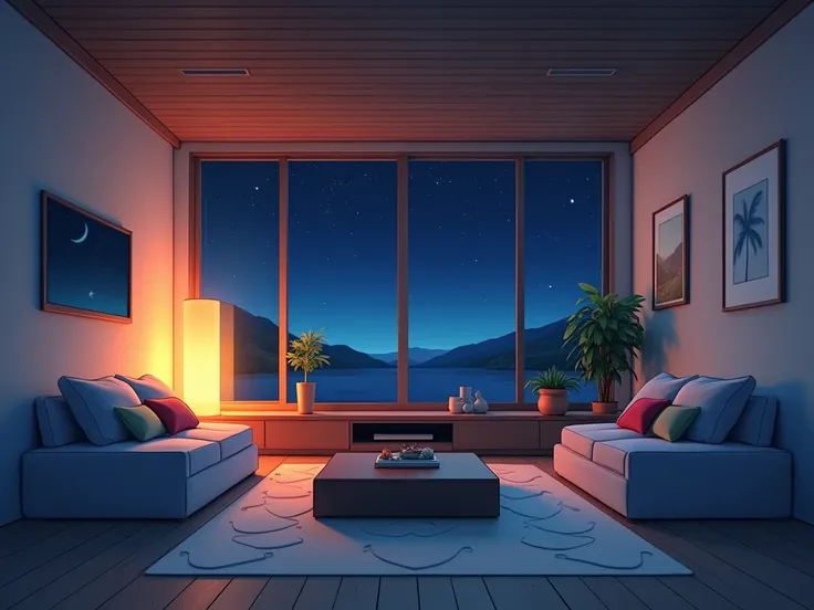 a room,  anime style, with a TV on the wall ,  two sofas on the sides and a table in the center, Let it be night