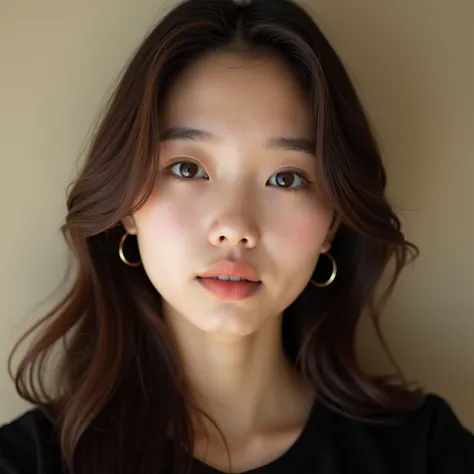 A close-up photograph of a young, beautiful Asian woman with long, straight brown hair, fair skin, and a slight smile. She has large, expressive eyes and is wearing a black top. The background is a plain, beige wall.