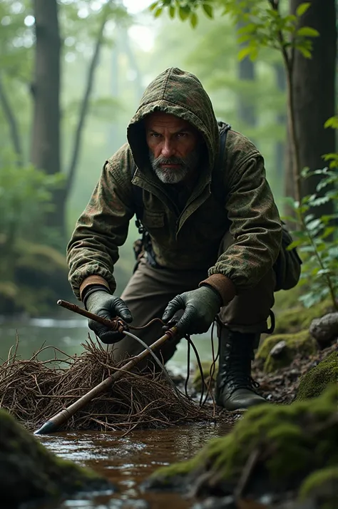 A hunter is getting a trap to catch a deer.