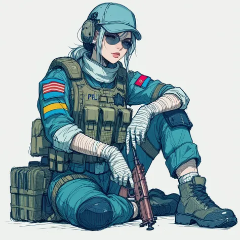 simple sketch, colorful sketch drawing, simple lines,  Girl police officer , with tactical military costume, sitting