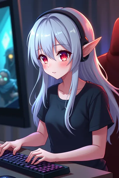 An anime elf with long white shaggy hair and red eyes in a black t-shirt plays on her computer in leage of legends