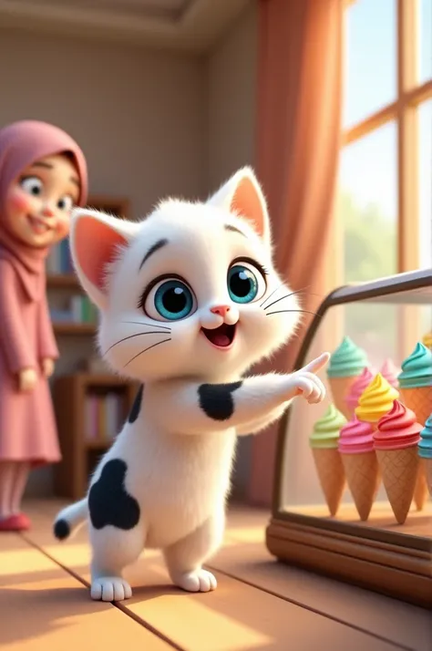 A cute animated kitten with white fur with a black motif resembling a cow, wearing pajamas with a similar pattern, stands in front of a glass display case full of colorful ice cream in cones. The cat pointed with a cheerful expression and big shining blue ...